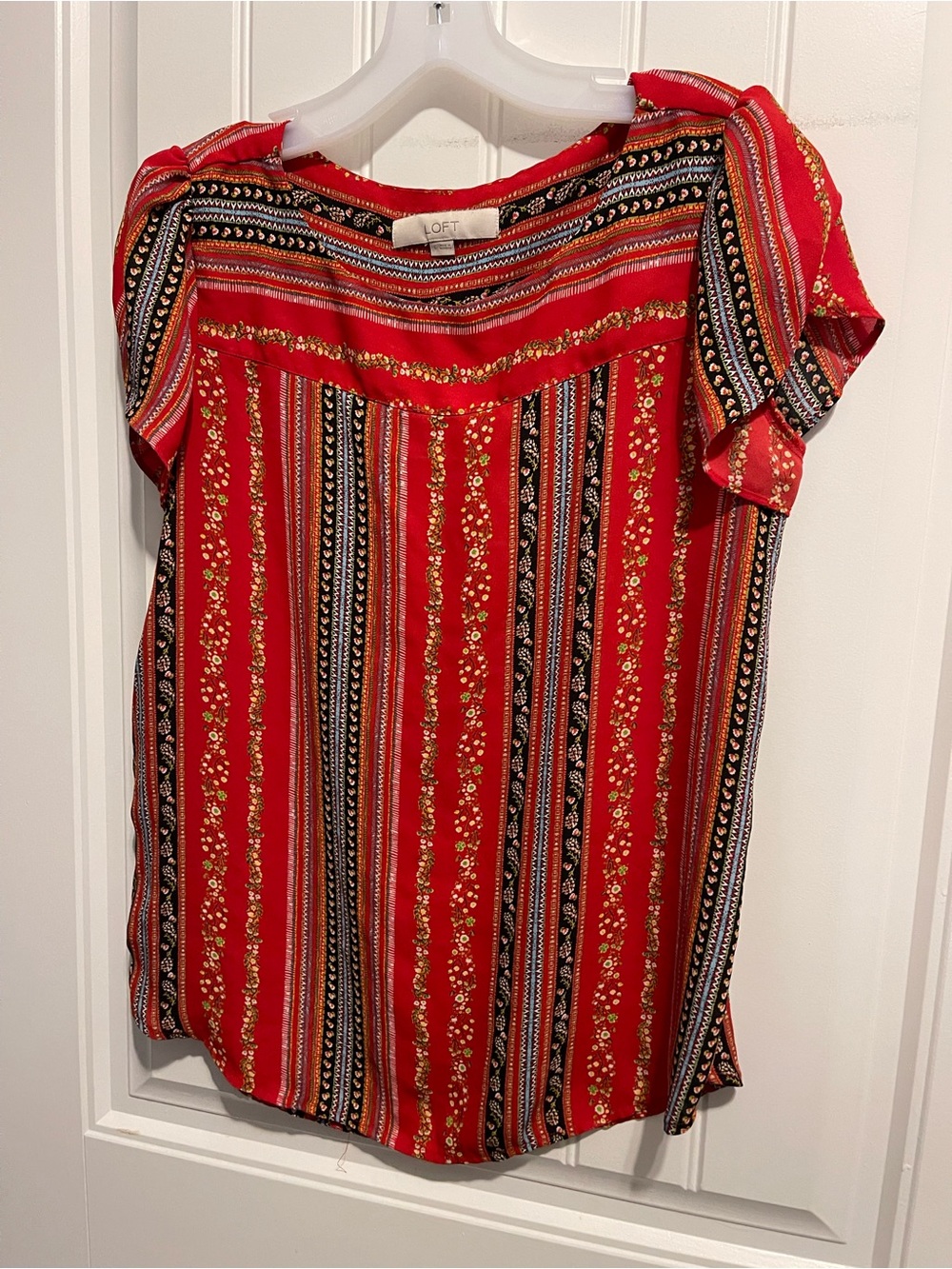 LOFT Red Multistripe Short Sleeve Blouse